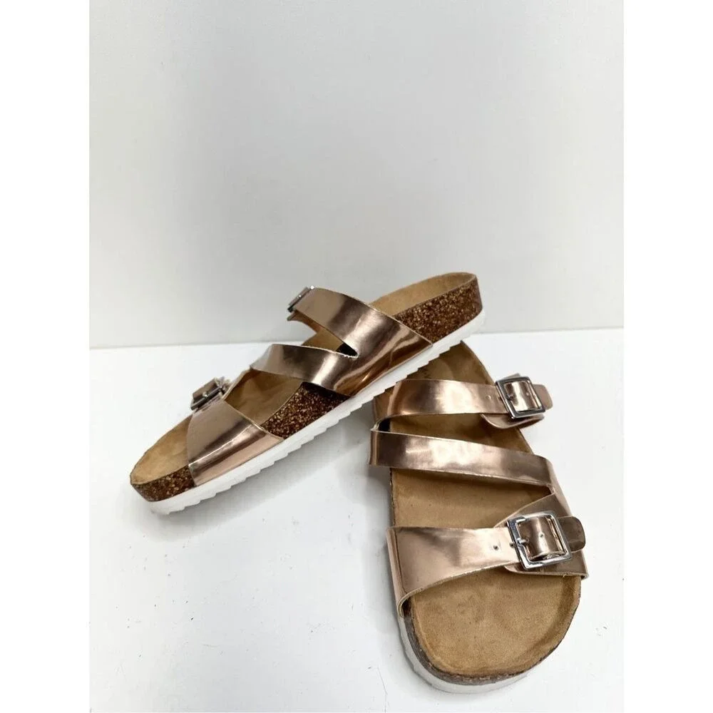 Lisa Vicky Womens Rose Gold Metallic Triple Strap Cork Footbed Sandals Size 6M‎